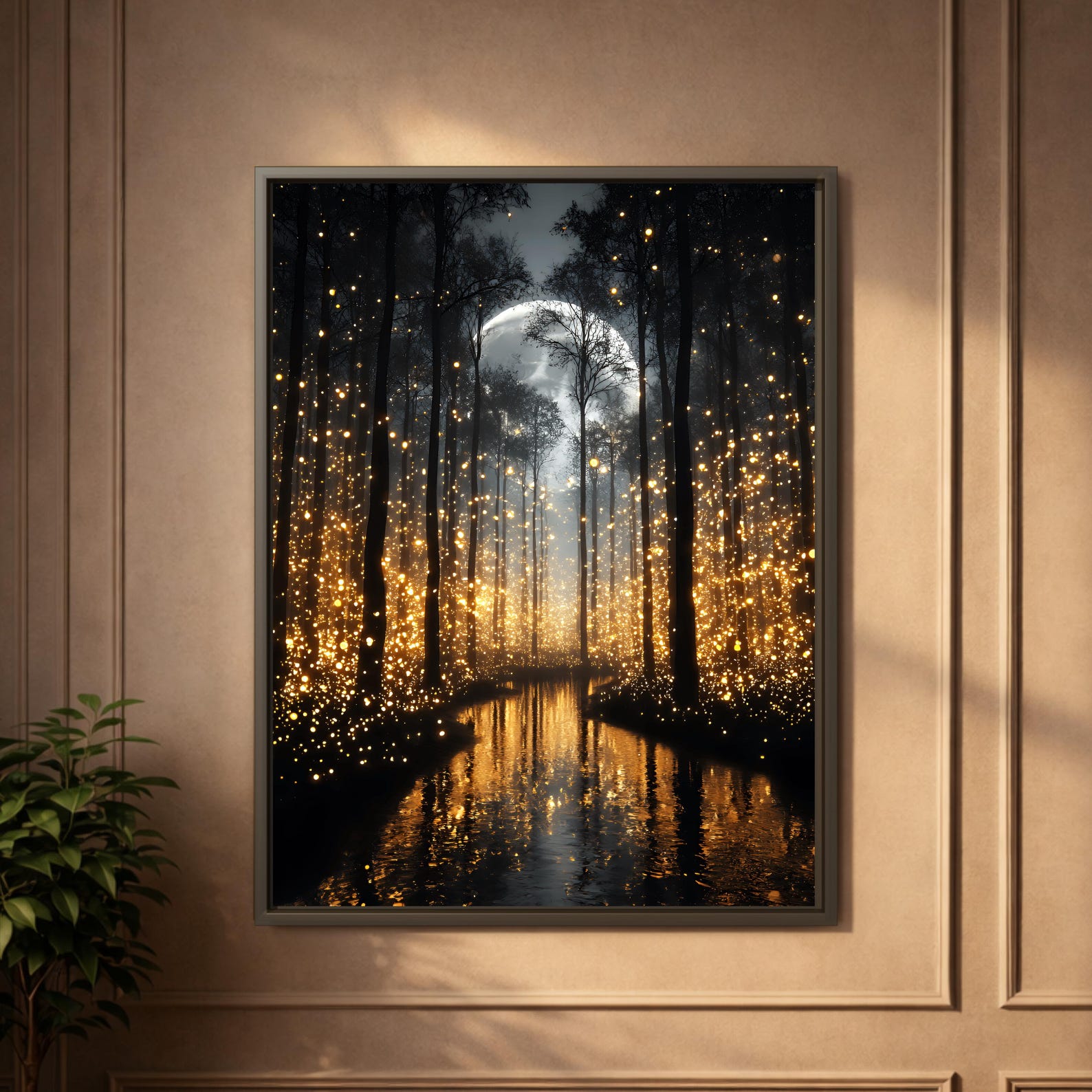 Night Enchanted Forest Wall Art Print, Moonlit Firefly River, Dark ...