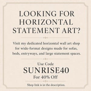 The image is a promotional advertisement for a wall art shop that offers wide-format designs for sofas, beds, entryways, and large statement spaces. The ad provides a code for a 40% discount on the shop's offerings.