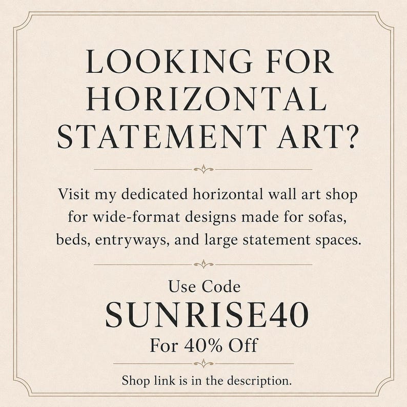 The image is a promotional advertisement for a wall art shop that offers wide-format designs for sofas, beds, entryways, and large statement spaces. The ad provides a code for a 40% discount on the shop's offerings.