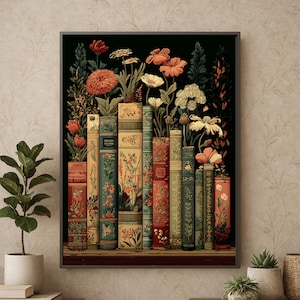 Dark Floral Vintage Library Art Print, Moody Botanical Bookshelf Wall Art image 1