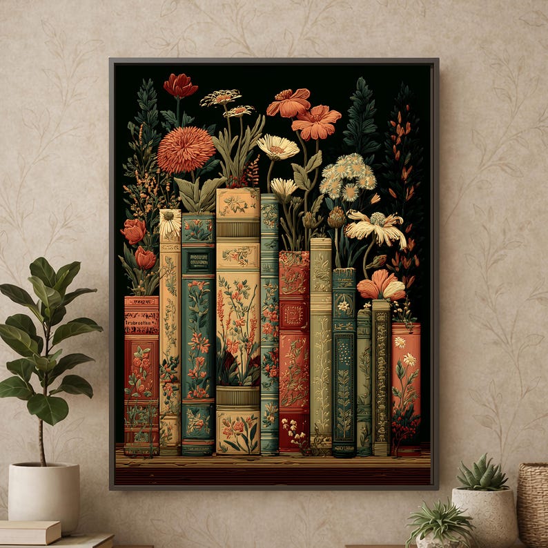 Dark Floral Vintage Library Art Print, Moody Botanical Bookshelf Wall Art image 1