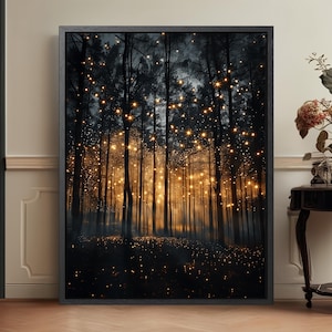 Magischer Wald Wand Kunst Druck, Dunkle Maximalist Leinwand Verzauberte Glühwürmchen Dekoration