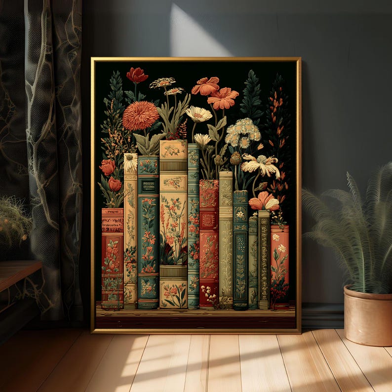 Dark Floral Vintage Library Art Print, Moody Botanical Bookshelf Wall Art image 3