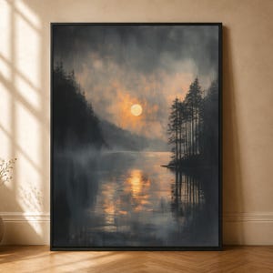 Misty Lake Poster, Golden Moon Print, Pine Reflection Decor, Moody Water Landscape, Quiet Cabin Scene, Dark Nature Room Statement