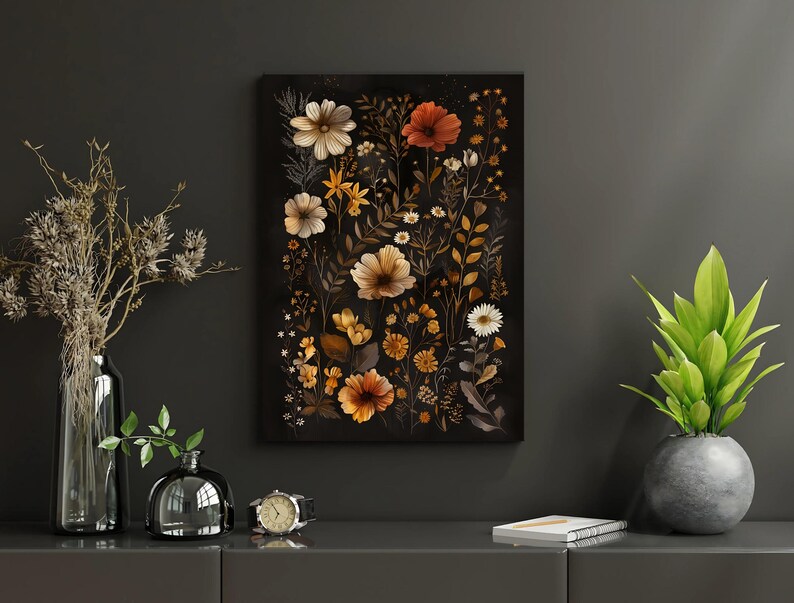 Dark Academia Floral Print Canvas Wall Art, Moody Floral Art & Vintage