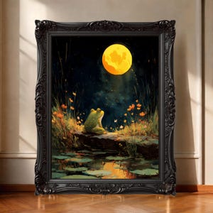 Grenouille nocturne magique, sous la pleine lune inspirée de la nature onirique, toile d'art murale enchantée