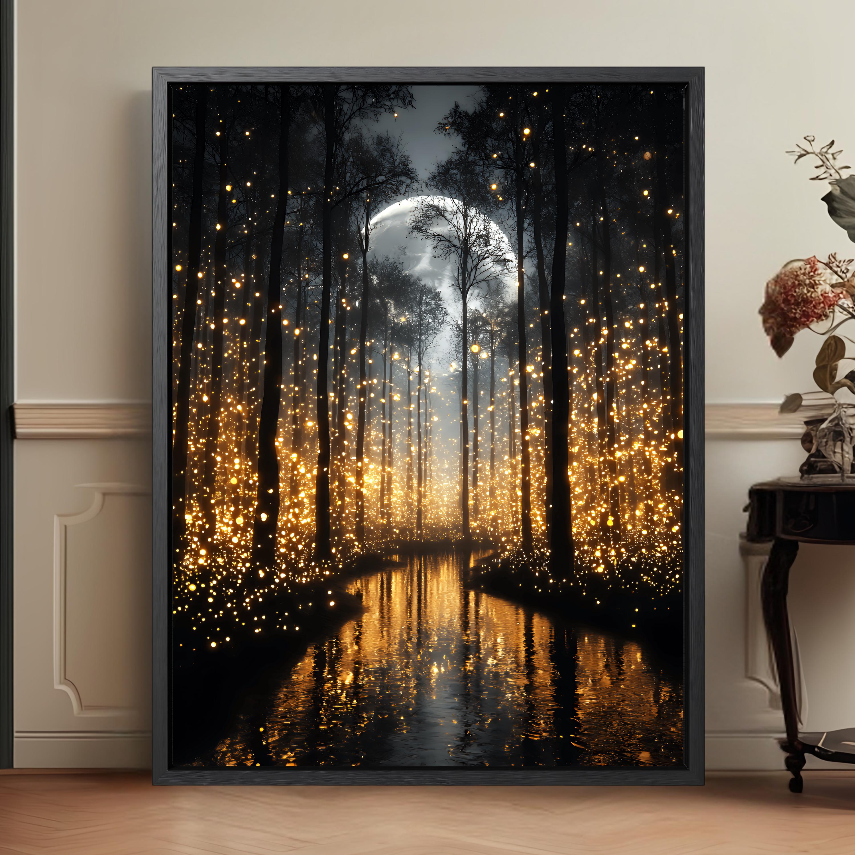 Night Enchanted Forest Wall Art Print, Moonlit Firefly River, Dark ...