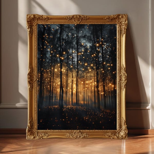 Magical Forest Wall Art Print, Dark Maximalist Canvas Print  Enchanted Fireflies Decoration