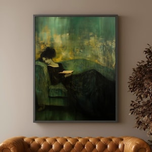 Vintage Moody Woman Portrait - Emerald Green Art Print, Dark Academia Decor & Victorian Antique Wall Art, Gothic Aesthetic