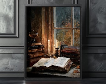 May include: A framed oil painting depicts a cozy reading scene. An open book rests on a table, surrounded by stacks of books, lit by candlelight. A window reveals an autumnal landscape, creating a warm, inviting atmosphere.