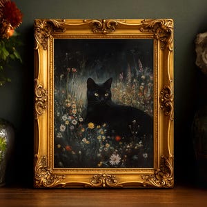 Black Cat Print, Moody Cottagecore Art, Dark Nature Wall Decor for Cat Lovers, Gothic Vintage Style Home Decoration