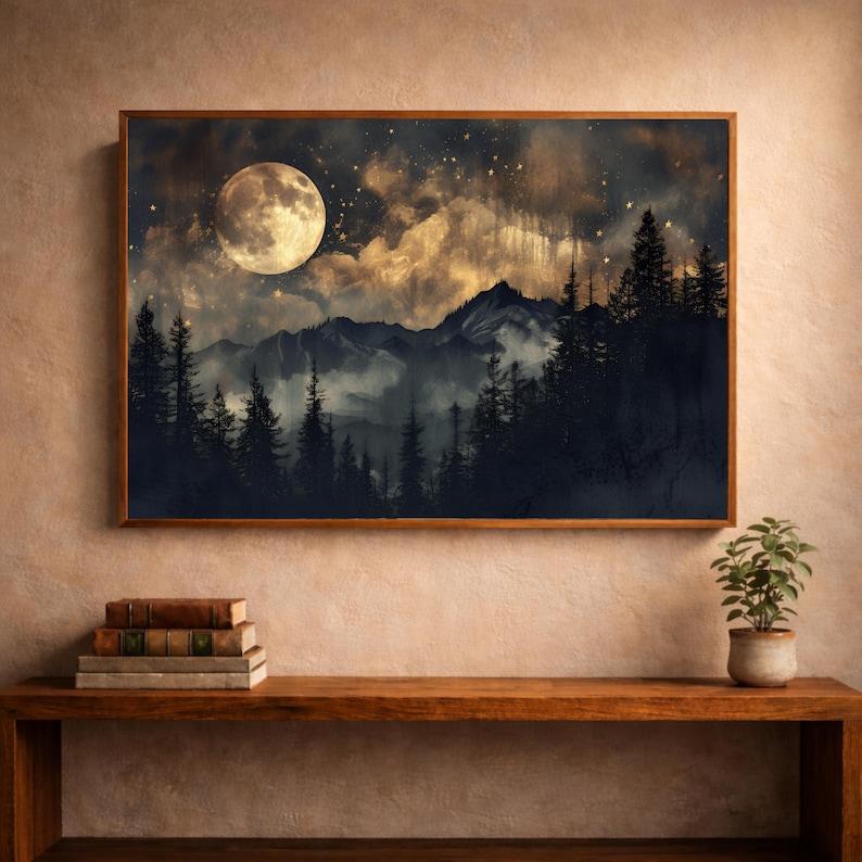 Lienzo con escena nocturna de montaña brumosa: Bosque iluminado por la luna imagen 4