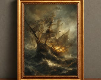May include: A framed painting of a tall ship sailing through a turbulent, dark ocean during a storm. The vessel features multiple masts and tattered sails, with golden light glowing from the deck amidst the crashing waves and cloudy sky.