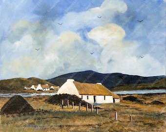 May include: A painting depicting a white cottage with a thatched roof, set amidst a field of brown grass. Several other cottages are visible in the background, with a mountain range in the distance. The sky is blue with white clouds and a number of birds are flying.