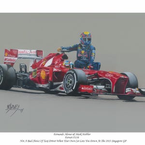 May include: A detailed illustration of a red Ferrari F138 race car with a driver in a blue racing suit. The car has sponsor logos and is set against a gray background. The text reads "Fernando Alonso & Mark Webber" and "Not A Bad Choice of Taxi Driver When Your Own Car Lets You Down At The 2013 Singapore GP."