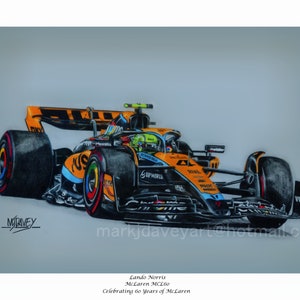 Lando Norris, McLaren MCL60.Pastell Bleistift Zeichnung von Künstler Mark J Davey, Kunst, Poster. Sammeln Sie das Set.
