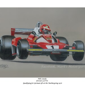 May include: A red, white and green Ferrari 312T2 race car driven by Niki Lauda during qualifying for the 1976 German Grand Prix at the Nurburgring.