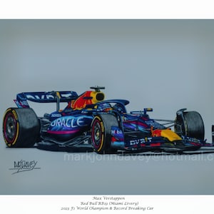 Max Verstappen, Red Bull RB19 Miami Livery, Weltmeister 2023, Pastellstiftzeichnung vom Künstler Mark J Davey