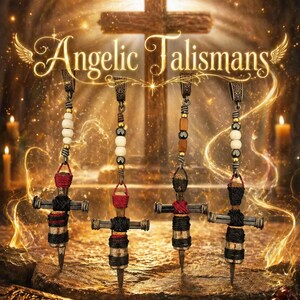 May include: Four handcrafted cross pendants with the text "Angelic Talismans" are displayed against a backdrop of a wooden cross and glowing light. Each pendant features a nail-like cross design with wrapped details and beaded accents.