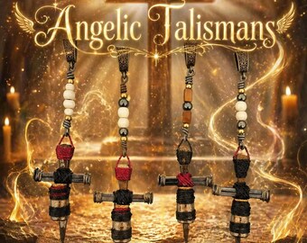 May include: Four handcrafted cross pendants with the text "Angelic Talismans" are displayed against a backdrop of a wooden cross and glowing light. Each pendant features a nail-like cross design with wrapped details and beaded accents.