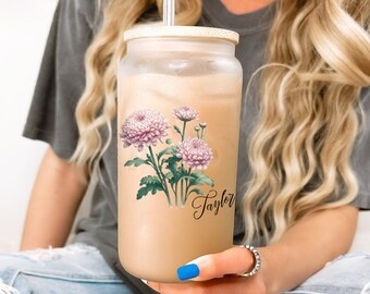 Copo de café personalizado com flor de nascimento com nome, copo colorido de flor de nascimento, proposta de dama de honra, presentes para ela, canecas de vidro