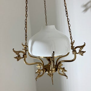 Stunning old brass and milk glass pendant lamp. Sweden 1950s.