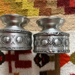Two decorative pewter candle holders. Norwegian art 1970s.