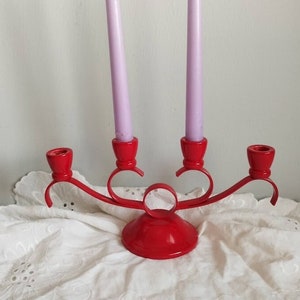 Lovely red wooden and metal handmade candelabrum for 4 candles. Swedish vintage 1990s.