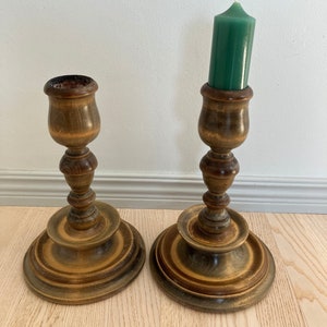 Two stunning heavy big wooden hand carved  candlesticks candle holders. Swedish vintage 1930s