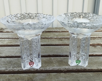 Two Olympic torch crystal glass tealight holders by Orrefors Sweden. Vintage 1980s.