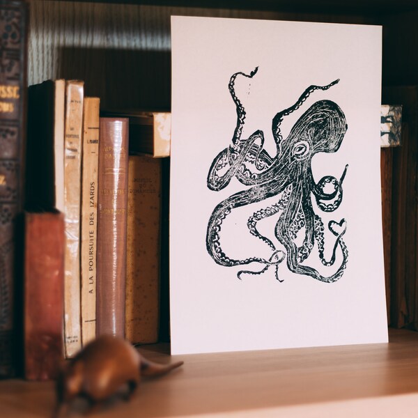 Linogravure, La Pieuvre Amoureuse, Impression faite à la main, édition limitée, illustration zoologique, minimaliste, art de la nature