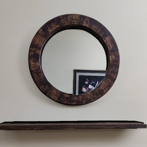 Round Mirror with Wooden Shelf, Modern Wall Hanging Mirror,Bathroom Vanity Decor, Floating Shelve Combo,Large decorative wooden wall mirror image 2