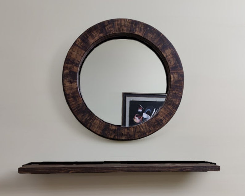 Round Mirror with Wooden Shelf, Modern Wall Hanging Mirror,Bathroom Vanity Decor, Floating Shelve Combo,Large decorative wooden wall mirror zdjęcie 2