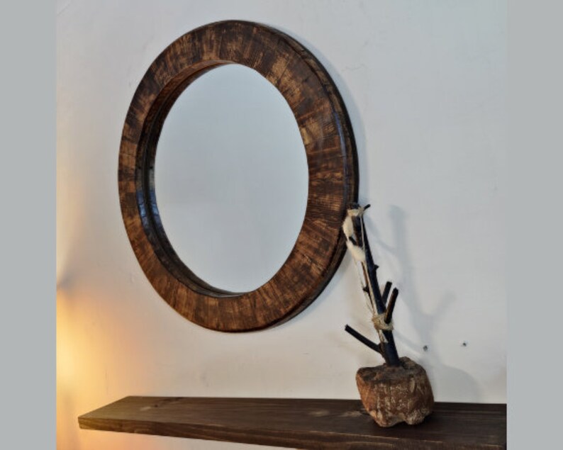 Round Mirror with Wooden Shelf, Modern Wall Hanging Mirror,Bathroom Vanity Decor, Floating Shelve Combo,Large decorative wooden wall mirror zdjęcie 6