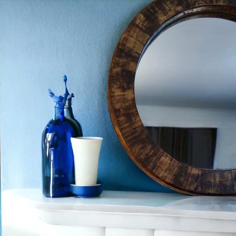 Round Mirror with Wooden Shelf, Modern Wall Hanging Mirror,Bathroom Vanity Decor, Floating Shelve Combo,Large decorative wooden wall mirror image 9