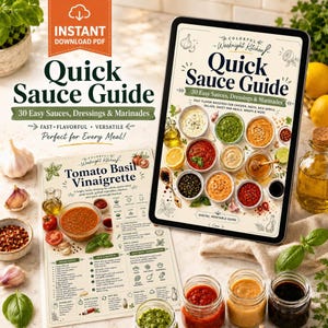 May include: A digital printable guide titled Quick Sauce Guide featuring 30 easy sauces, dressings, and marinades. The guide displays various bowls of colourful sauces, ingredients like garlic and basil, and a recipe card for Tomato Basil Vinaigrette.