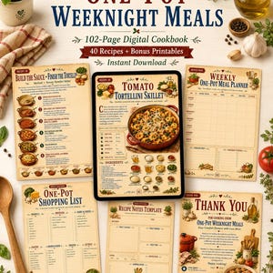 May include: A digital cookbook titled "One-Pot Weeknight Meals" with 102 pages, 40 recipes, and bonus printables. The image shows a tablet displaying a recipe for Tomato Tortellini Skillet, along with a shopping list and meal planner.