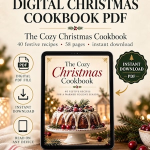 Può includere: Un ricettario digitale di Natale in formato PDF visualizzato su uno schermo di un tablet. La copertina mostra una ciambella con mirtilli rossi e aghi di pino. Il testo include "The Cozy Christmas Cookbook," "40 festive recipes" e "58 pages."