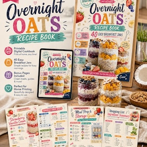 Op de afbeelding: Een digitaal receptenboek "Overnight Oats Recipe Book" met de tekst "Wake up to something delicious." De afbeelding toont potten met gelaagde overnight oats met fruit, een tablet en receptpagina's. Bevat 40 gemakkelijke ontbijtrecepten.