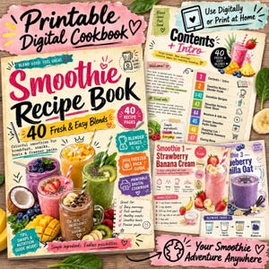 Könnte beinhalten: Ein druckbares digitales Smoothie-Rezeptbuch mit 40 frischen und einfachen Mischungen. Das Cover zeigt bunte Smoothie-Gläser, Fruchtillustrationen und Text, darunter Smoothie Recipe Book, 40 Fresh & Easy Blends und Blender Basics.