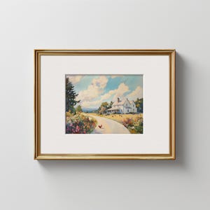 May include: A painting depicting a white farmhouse with a long driveway leading up to it. The house is surrounded by green trees and flowers. Two red chickens are walking on the driveway.