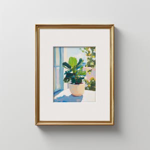 May include: A framed painting depicting a potted plant positioned in front of a window, showcasing a view of a blue sky and verdant trees. The plant is contained within a white pot and features green foliage. The window is open, allowing sunlight to stream through.