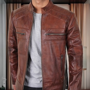 Blouson motard fait main Winter Cafe Race en cuir marron vieilli pour homme, blouson aviateur, veste légère de moto d'hiver