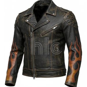 Chaqueta de cuero negra desgastada para hombre, hecha a mano, estilo motero con llamas – Chaqueta personalizada de estilo punk rock vintage para motociclista, regalo para él.