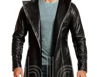 Handmade Men’s Black Leather Trench Coat | Full-Length Gothic Duster Jacket | Long Leather Overcoat with Belt | Steampunk Cosplay Outfit
