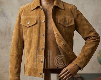 Handmade Men’s Classic Brown Suede Trucker Jacket | Vintage Western Shirt Collar Suede Leather Jacket |  Lightweight Summer Jacket
