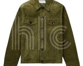 Handmade Ryan Trendy Handmade Green Stylish Suede Leather Trucker Jacket for Men, Winter jacket Gift for him, Lightweight Real suede jacket