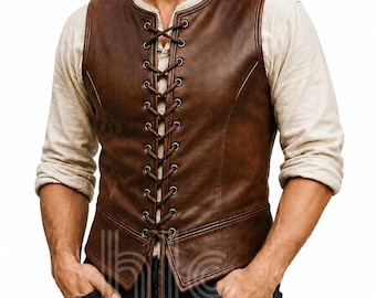 Handcrafted Men’s Medieval Brown Leather Vest – Vintage Renaissance Style Cowboy Waistcoat – Classic Rustic Outfit, Father’s Day Gift