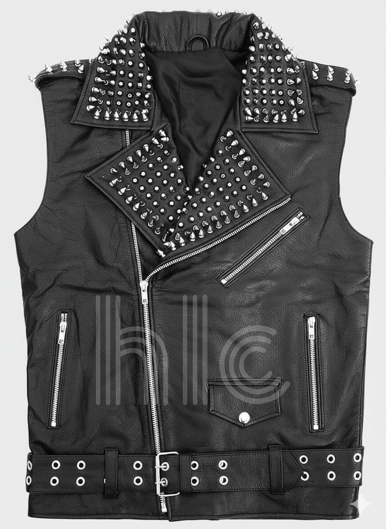 May include: Black leather vest with silver metal studs on the collar and shoulders. The vest has a zipper closure, multiple pockets, and a belt with a buckle. A classic punk rock style.