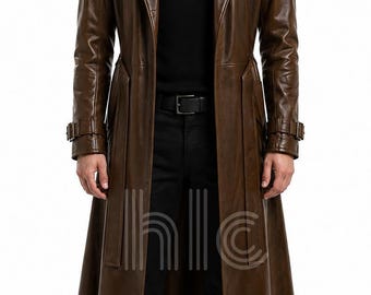 Mens Brown Leather Trench Coat | Handmade Vintage Duster Jacket, High Collar Long Coat, Spring Casual Coat